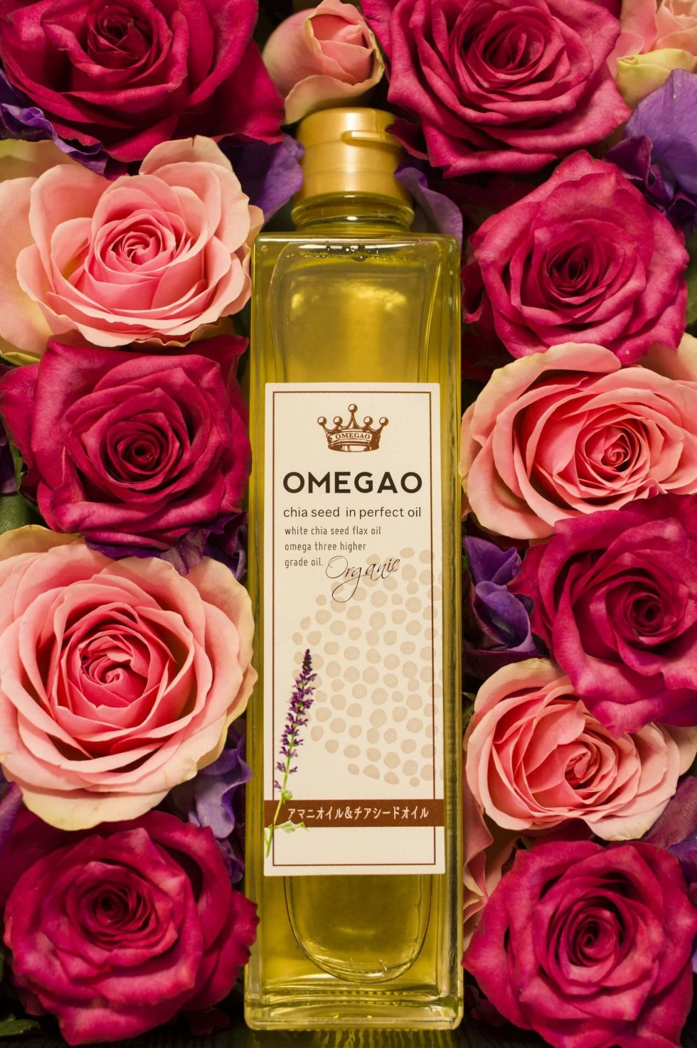 Omegao Product Photograph - Chia and Linseed Oil (Flaxseed Oil) - With Roses