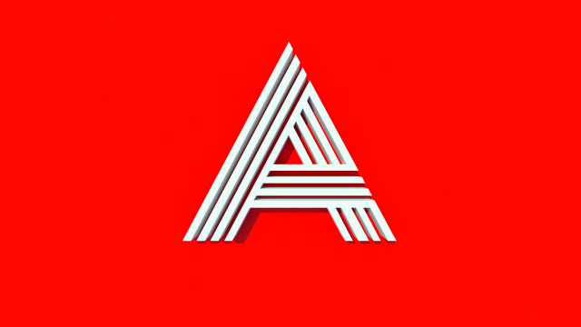 A4JP logo design in 3D. A white letter A on a red background. 