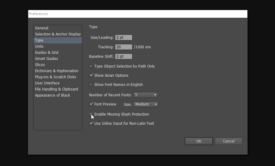 Enable Missing Glyph Protection - CS6 -  Illustrator gets stuck when scrolling through fonts