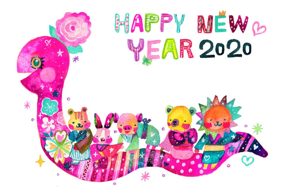2020 - Happy New Year Card Design (Rainbow Snake & Friends)