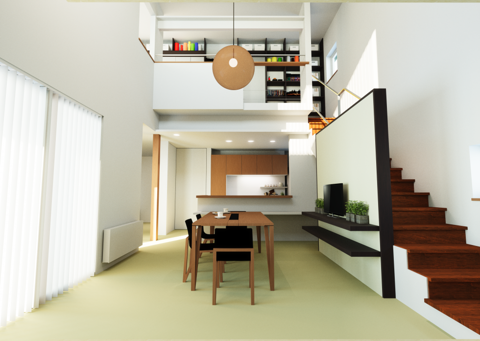 3DCGI visualization of a living room and kitchen from a Japanese tatami room